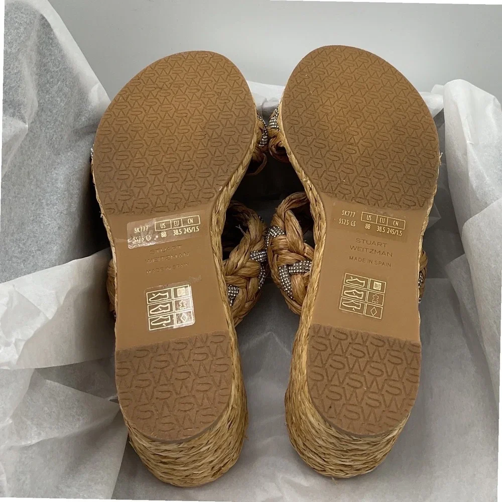 Stuart Weitzman Braided Raffia Crystal Wedge Sandals Natural Tan Women Size 8